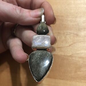 Unique Rainbow Obsidian/Sri Lankan Moonstone Pendant Necklace-925 Plated/Stamped
